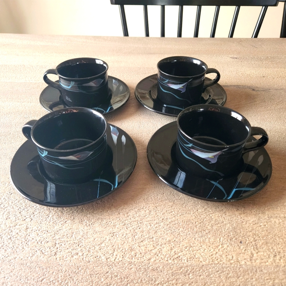 Mikasa Galleria Opus Black FK 701 Mug & Saucer Plate set Floral lot lilies 4 - Picture 1 of 7